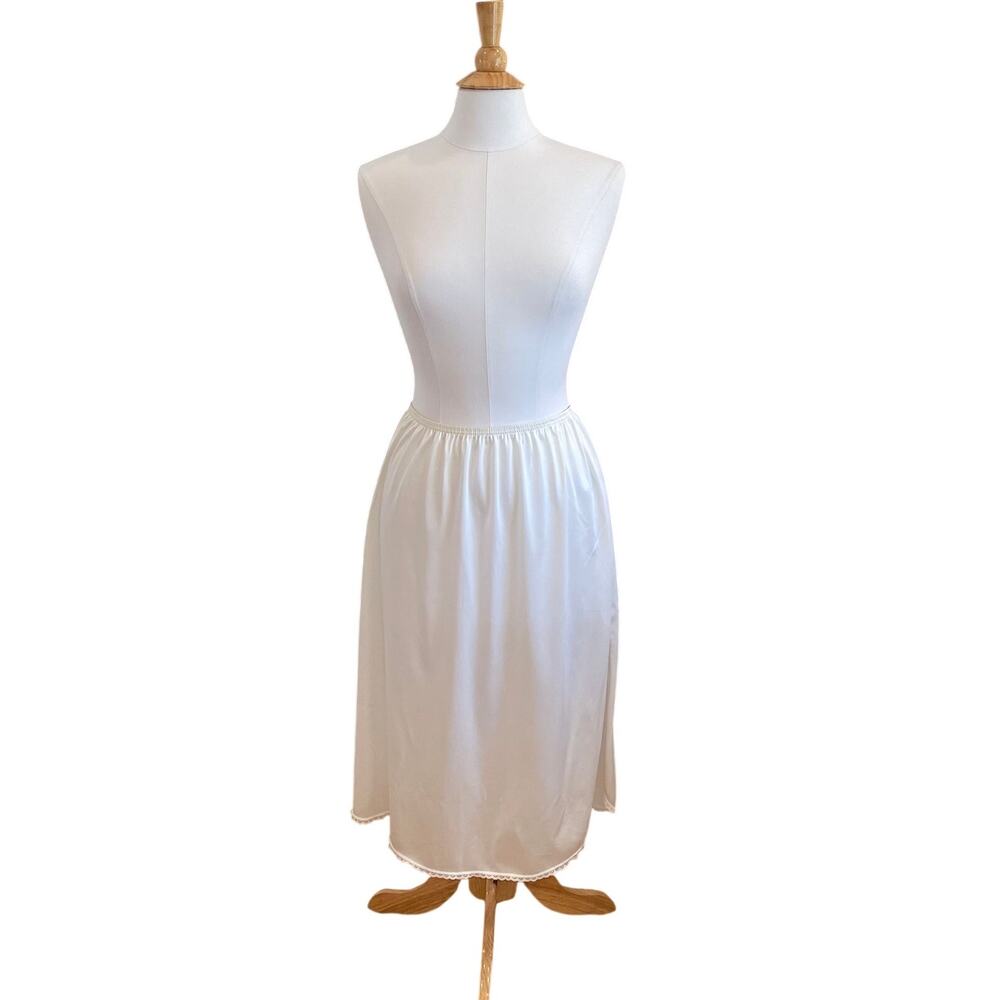 Vassarette White Half Slip Satin Skirt with Lace Trim, Side Slit, Size Large